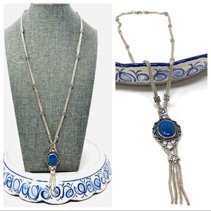 Sterling silver, blue stone fringe necklace